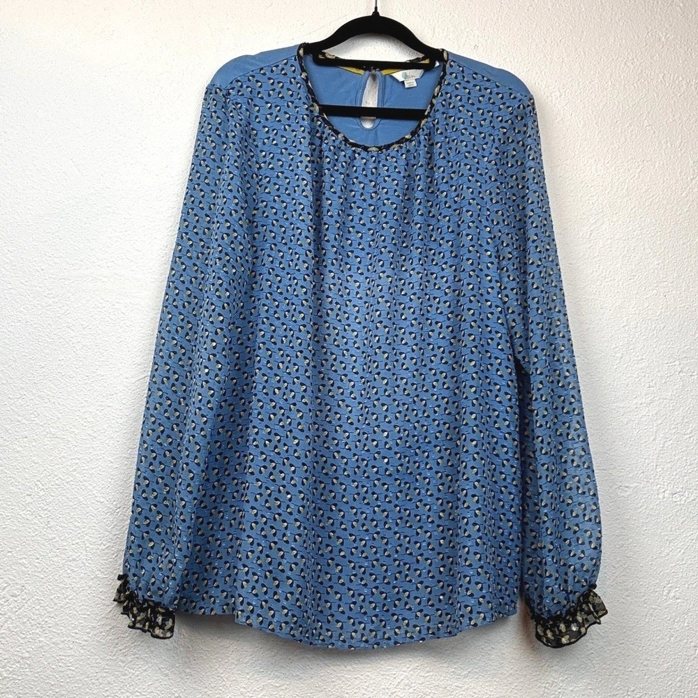 Boden Blue Floral Ruffle Blouse - 12 - Long Sleeve Keyhole Back Boho Office